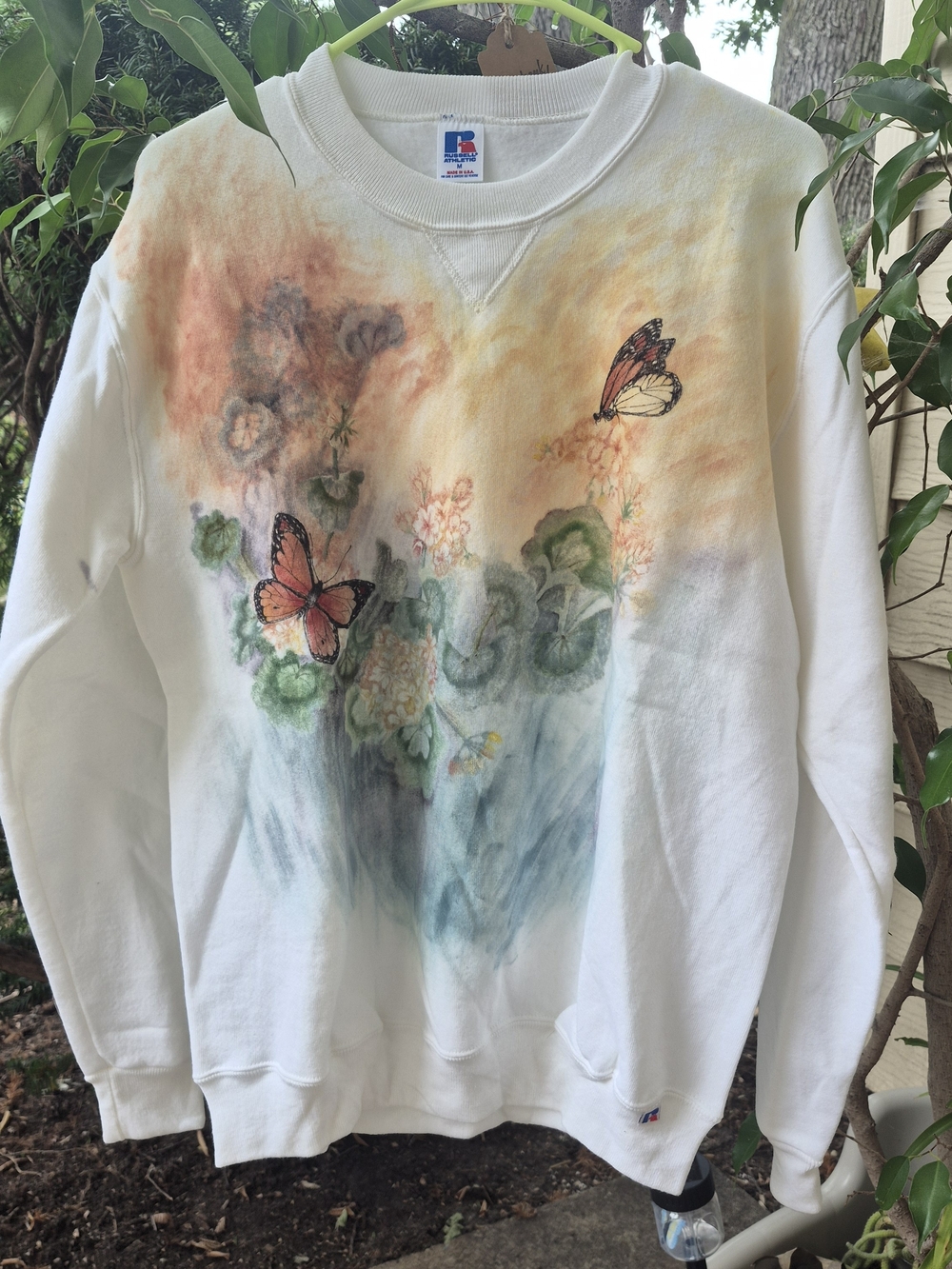Russell Athletic White Crewneck Sweatshirt with Butterfly & Watercolor Florals